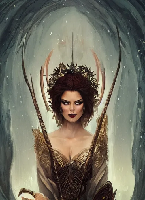 Image similar to tarot!!, fairy queen, fantasy medieval, no noise, elegant, concept art, sharp focus, beautiful face!!, digital art, smooth defined outlines!!, by Brom, trending on Artstation, Tom Bagshaw, Sargent