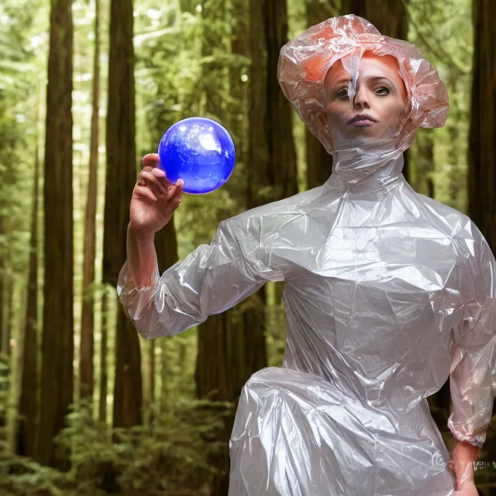 Image similar to a color photograph, closeup portrait of a woman wrapped in plastic, standing next to a bismuth orb, in a redwood forest, color photograph, by vincent desiderio, canon eos c 3 0 0, ƒ 1. 8, 3 5 mm, 8 k, medium - format print