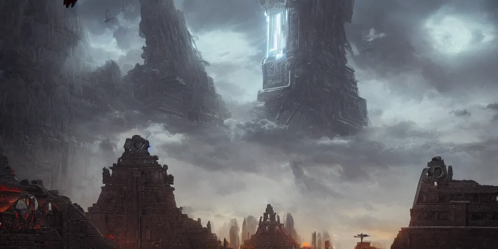 Image similar to A fierce Aztec warrior watches ominous alien spacecraft flying above the Aztec temple. Intense dramatic epic sci-fi cinematic concept artwork in the style of Jacek Pilarski and Greg rutkowski and Sylvain Lorgeou. Panoramic view. Trending on artstation