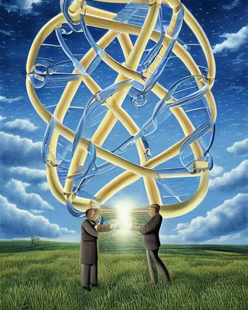 Image similar to in a field, two scientists in lab coats encounter a monster shaped like the DNA double helix, stormy weather, by Rob Gonsalves