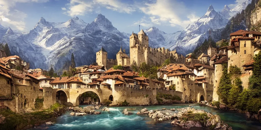 Prompt: medieval walled city nestled in a mountain with small river flowing through it, large castle in a mountain peak in the background, alpine architecture, very beautiful, intricate, majestic, concept art, trending on art station