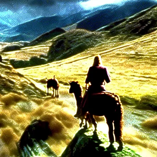 Image similar to still from lord of the rings showing the ride of the rohirrim, riding toward minas tirith on alpacas