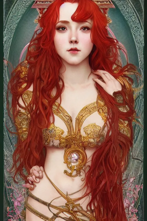 Prompt: a full body tarot card of the red haired thick empress of eternity, space, universe, portrait, highly detailed, deep focus, elegant, digital painting, smooth, sharp focus, illustration, ultra realistic, 8 k, art by artgerm and alphonse mucha