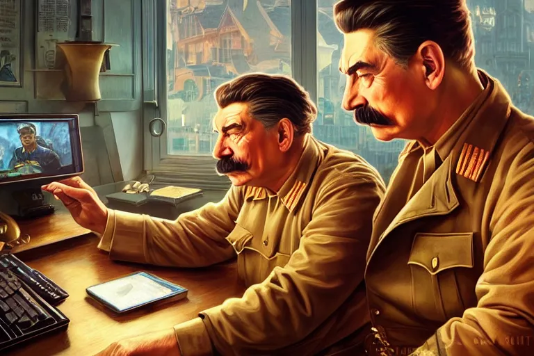 Image similar to angry realistic josef stalin trading bitcoin in front of computer trading bitcoin, portrait, highly detailed, hyperrealistic, digital painting, artstation, concept art, smooth, sharp focus, illustration, cinematic lighting, art by artgerm and greg rutkowski and alphonse mucha