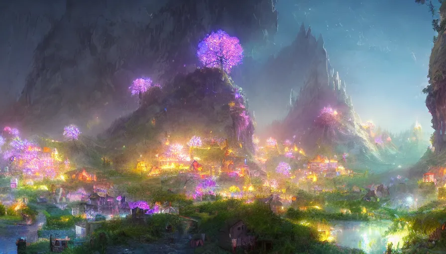 Image similar to village built in flowery mountains, glow lights at night, hyperdetailed, artstation, cgsociety, 8 k