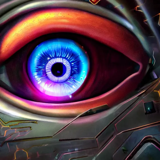 Prompt: Cybernetic Eye, close up, colorful, fantasy, vivid colors, concept art, sharp focus, digital art, Hyper-realistic, 4K, Unreal Engine, Highly Detailed, HD, Dramatic Lighting by Brom, trending on Artstation