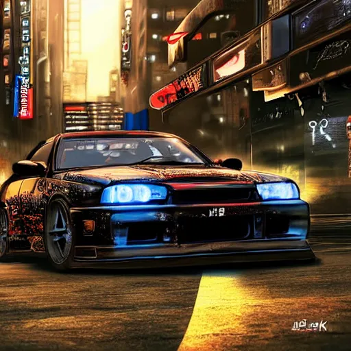 Image similar to beautiful hyper-detailed artwork of a ninja warrior with a sword, driving through the city, in a modified Nissan skyline r34, cyberpunk style