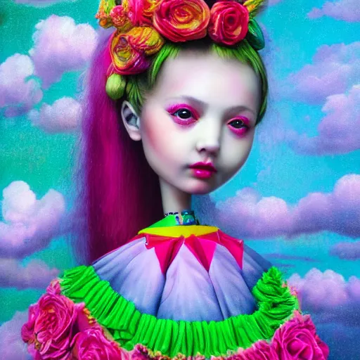 Prompt: Vibrant, cheerful stunning maximalist bio flowerpunk girl from the rainbow sky paradise, high-tech, detailed by Mark Ryden, 35mm macro shot, hyperrealism, 8k resolution 3D