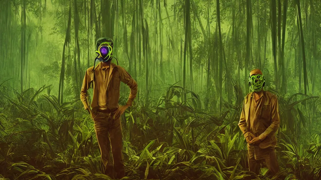 Image similar to snake oil saleman demigod with neon green mask in a swampy jungle landscape, visible sky and humid atmosphere, weekend in formosa by denis villeneuve, grant wood, wlop, kodakchrome, cinematic composition, practical effects, 8 k, trippy film from 2 0 1 9