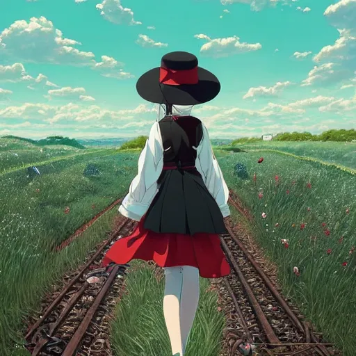 Prompt: beautiful hyper detailed scene render of a girl with long white hair and a round hat wearing a black and white school uniform with a red ribbon standing on the edge of a moving train in the middle of grass fields on a windy and sunny day, in the style of makoto shinkai victo ngai and peter mohrbacher studio ghibli artgerm, anime, artstation