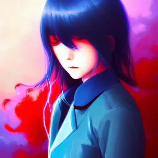 Image similar to red water swirling around rimuru tempest crying, enveloped in ghosts, sky blue straight hair, bangs, with amber eyes, black jacket, high collar, ultra fine detaile, dark theme, digital painting, psychedelic, cinematic, wlop, pixiv, ilya kuvshinov, ross tran