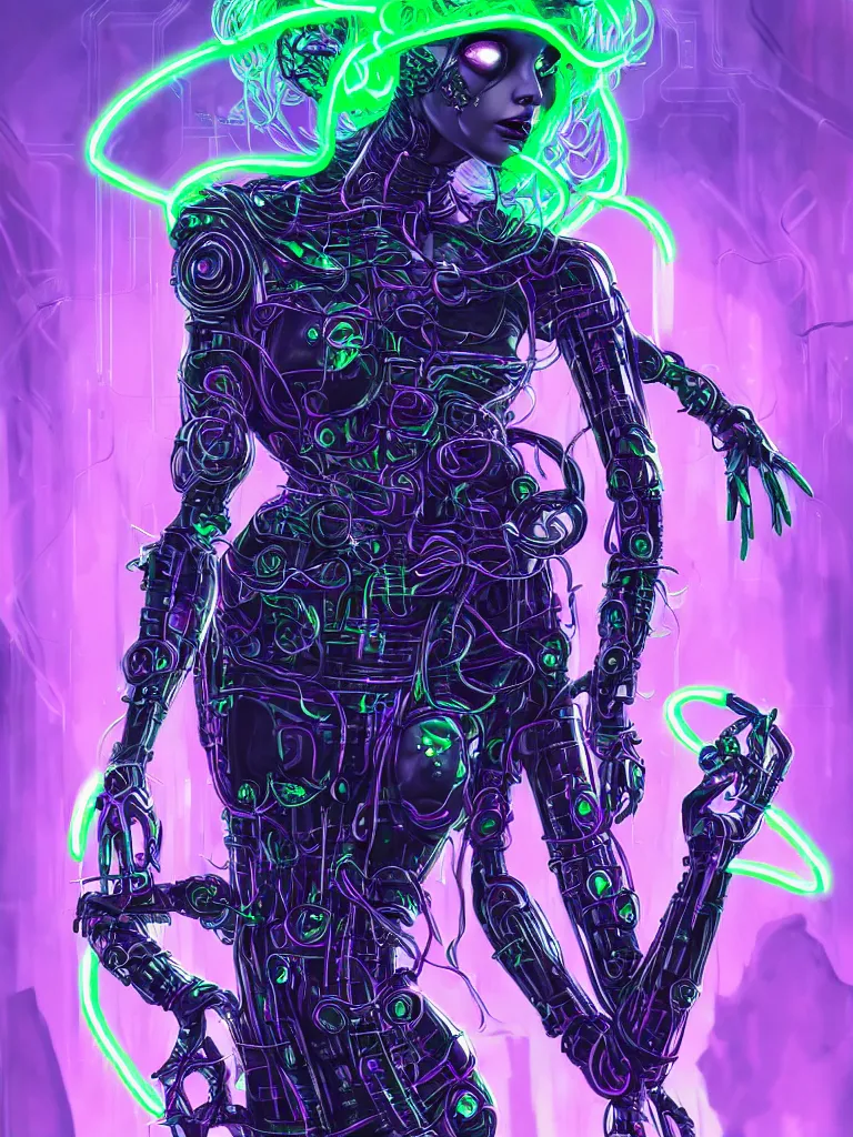 Image similar to half covered body portrait of a beautiful cyber witch medusa, dynamic pose, background machine,, keys unlocking prison, in a cyberpunk garden, mystic unity, becoming one with the machine overlord, elegant pose, body covers with neon crystals, detailed sketch drawing, concept art, star wars