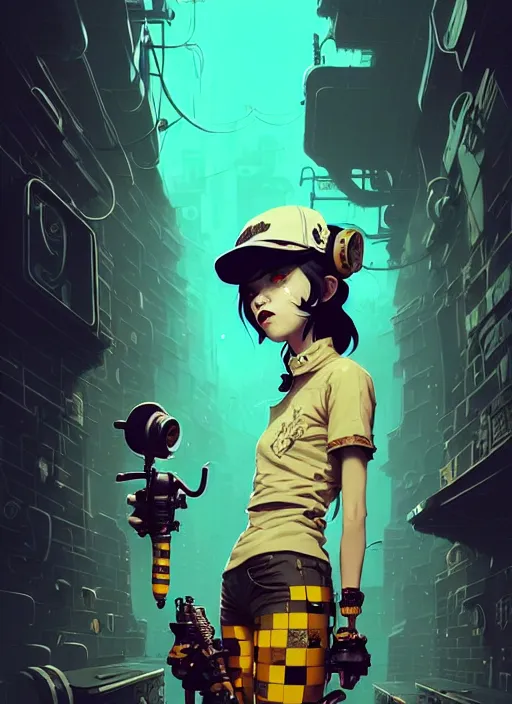 Image similar to highly detailed portrait of a sewer punk young lady by atey ghailan, james gilleard, by joe fenton, by greg rutkowski, by greg tocchini, by kaethe butcher, 4 k resolution, gradient yellow, black, brown and cyan color scheme, grunge aesthetic!!! ( ( dystopian graffiti tag wall in background ) )