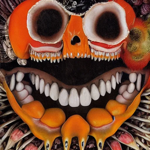 Prompt: album cover, teeth, black, white, orange, psychedelic, giuseppe arcimboldo