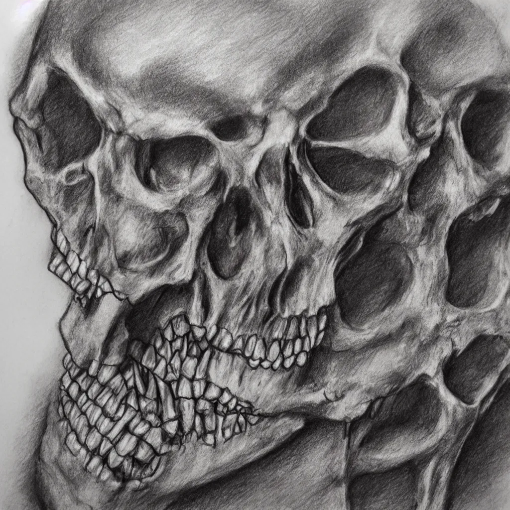 Prompt: Highly detailed charcoal sketch of a skeleton