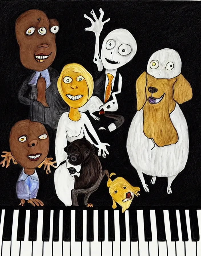 Image similar to a white person and a black person near the piano keyboard with two dogs by tim burton