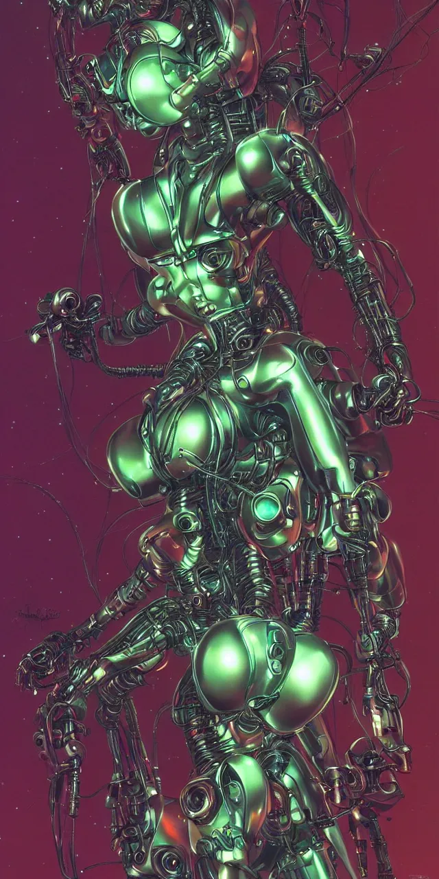 Prompt: beauty Aliens movie woman, robotic, cyberpunk, neon laser eyes, lots of cables and wiring, electrical details, trending on artstation, by Hajime Sorayama and Boris Vallejo