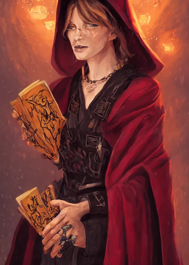 Prompt: a female dnd wizard's portrait by brian patterson and rhads, black, african, red robes, necromancer, bones, skulls, papers and tomes