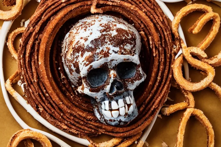 Image similar to aztec skull made of churros, food photography, food stylist, 35mm, centered, uncropped