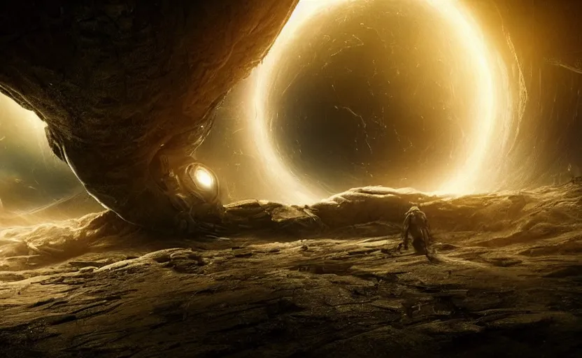 Image similar to an extraterrestrial spaceship exiting a worm hole with planet earth in sight, in the style of the matrix, epic scene, extremely detailed masterpiece, extremely moody lighting, glowing light and shadow, atmospheric, shadowy, cinematic, god lighting