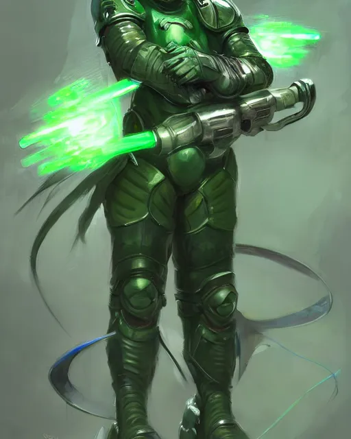 Image similar to concept art of a futuristic warrior, large tubes, green crystals in arms, futurstic sleek gas mask, full body | | epic - fine - fine details by stanley artgerm lau, wlop, rossdraws, and sakimichan, trending on artstation, brush strokes