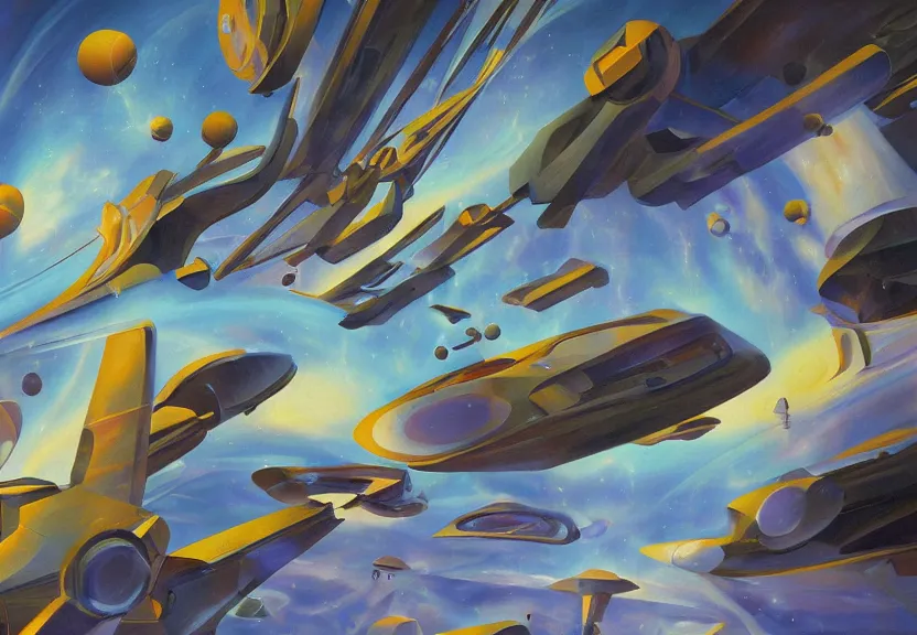 Prompt: ! dream an oil panting of a futuristic space in the metaverse designed by frank gehru