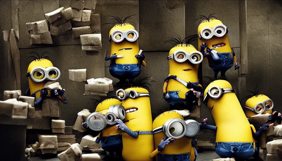 Image similar to the movie se7en!!!!!!!!! starring minions, movie still, directed by David fincher