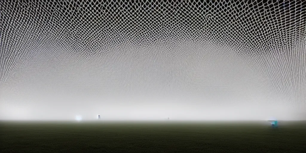 Image similar to white honeycomb organic illuminated building with warm illumination inside by kendall buster sits on the field evening atmosphere in low fog, 4 k, insanely quality, highly detailed, telephoto lens, shallow depth of field