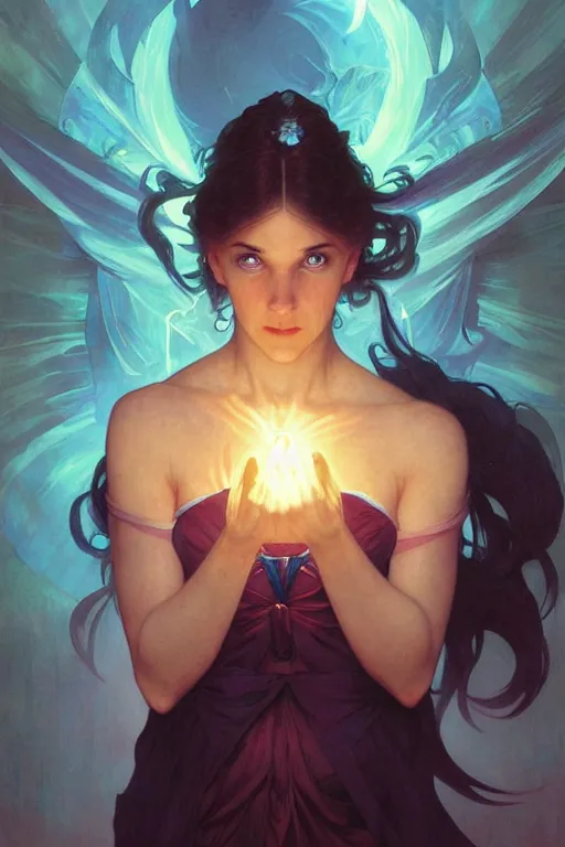 Prompt: bright cube above a portrait of a beautiful dark mystical woman, ice blue eyes, artstation, concept art, smooth, sharp focus, illustration, art by artgerm and greg rutkowski and alphonse mucha and william - adolphe bouguereau