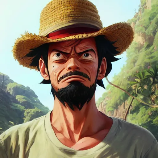 Image similar to highly detailed portrait luffy in gta v, stephen bliss, unreal engine, fantasy art by greg rutkowski, loish, rhads, ferdinand knab, makoto shinkai and lois van baarle, ilya kuvshinov, rossdraws, tom bagshaw, global illumination, radiant light, detailed and intricate environment