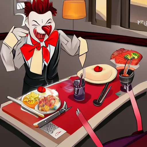 Image similar to vampire clown spins sushi at the table