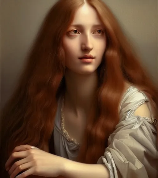 Image similar to portrait of a beautiful long - haired woman sitting upon a table with heightened detail, poised, intense emotion, detailed facial expression, detailed surroundings, intricate, elegant, highly detailed, centered, digital painting, artstation, concept art, smooth, sharp focus, illustration, by ( leonardo da vinci ), wlop