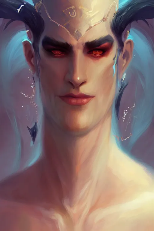 Image similar to djinn man male demon, portrait, full body character concept art, costume design, illustration, white horns from eyebrows, single face, cinematic color grading, editorial photo, fashion, hyperrealism, trending on artstation, Charlie Bowater, WLOP