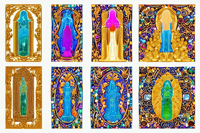 Image similar to illustration of design sheet of sets of various figures carved out of gemstones, prismatic colors, magic trinkets, ornate patterns