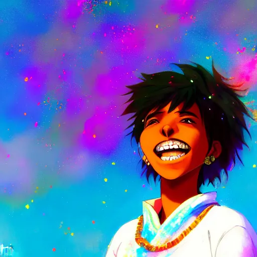 Image similar to portrait of a smiling black girl with short hair at the holi festival, By makoto shinkai, by leiji Matsumoto, by Julie Bell