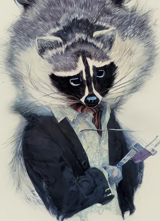 Image similar to a dramatic gouache portrait of an anthropomorphic raccoon mob boss, by posuka demizu, by stephen gammell, by victo ngai, by george ault, in the style of mafia, artstation