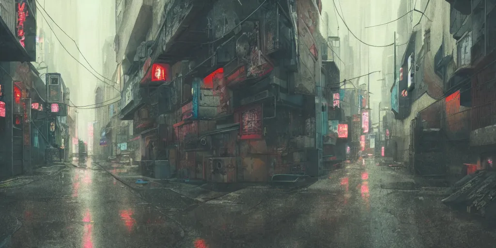 Prompt: Cyberpunk back alley on a rainy day in Japan, low angle view, detailed matte painting, cinematic, Simon Stalenhag, Artstation