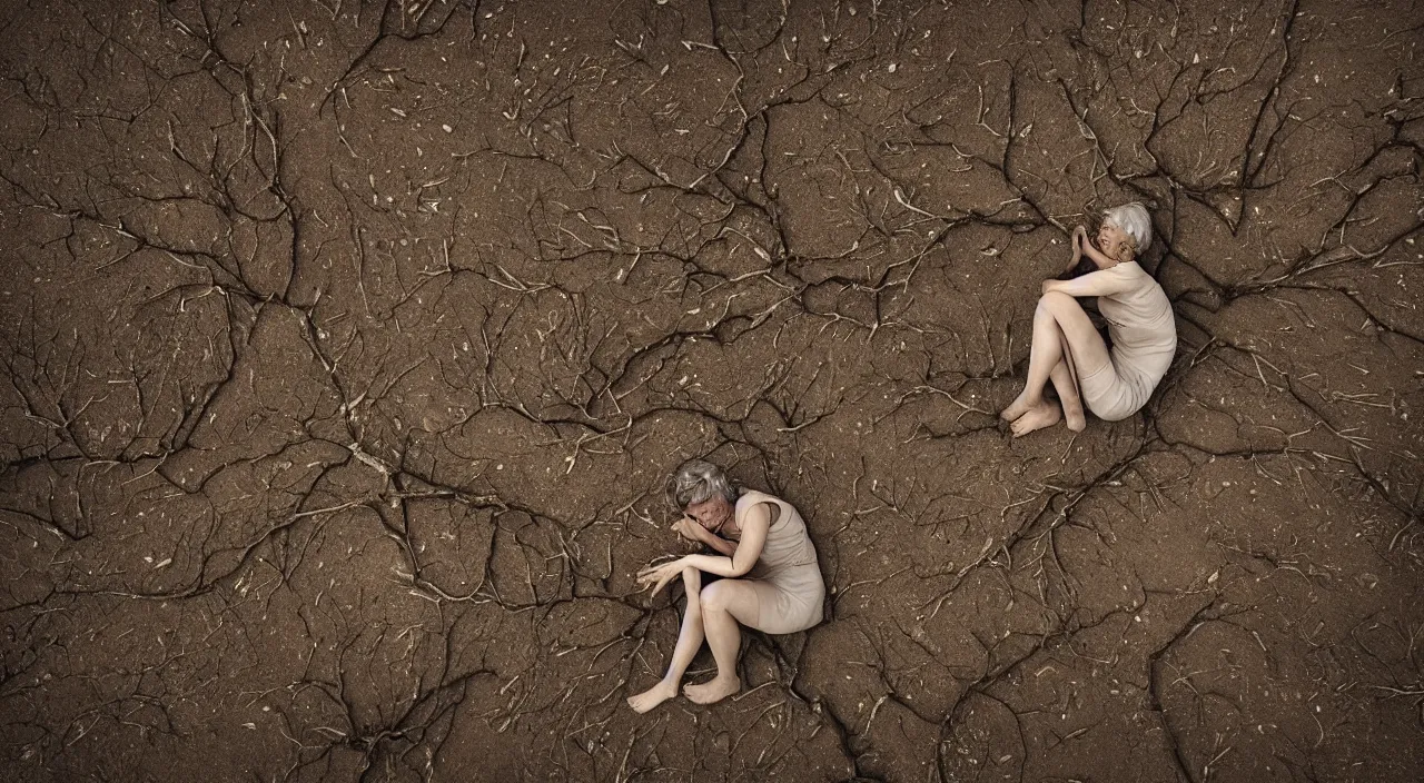 Image similar to 65-year-old woman made of trees crying one emotionless tear, facing the camera and sitting on a dried up river in a desolate land, blue sky, hot and sunny, highly-detailed, elegant, dramatic lighting, artstation, 4k, cinematic landscape, photograph by Elizabeth Gadd