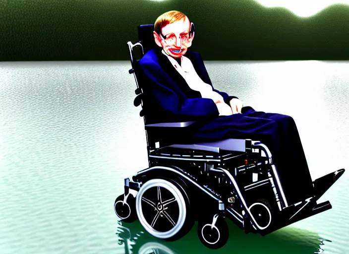 Image similar to stephen hawking wheelchair going across water like a jet ski, realistic, detailed