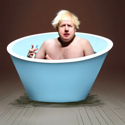 Prompt: Boris Johnson sitting inside a bathtub filled with beans, photograph
