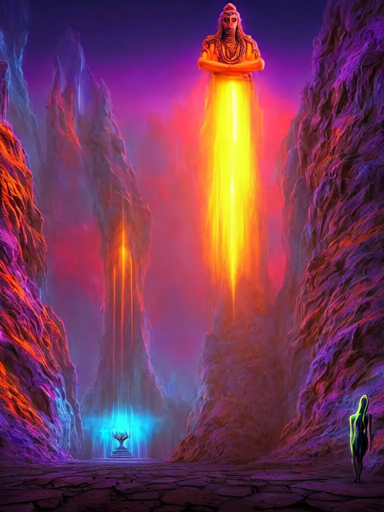 Image similar to entrance to ethereal realm, shiva waiting, rendered in unreal engine, central composition, symmetrical composition, dreamy colorful cyberpunk colors, 6 point perspective, fantasy landscape with anthropomorphic!!! terrain!!! in the styles of igor morski, jim warren, and rob gonsalves, intricate, hyperrealistic, volumetric lighting, neon ambiance, distinct horizon