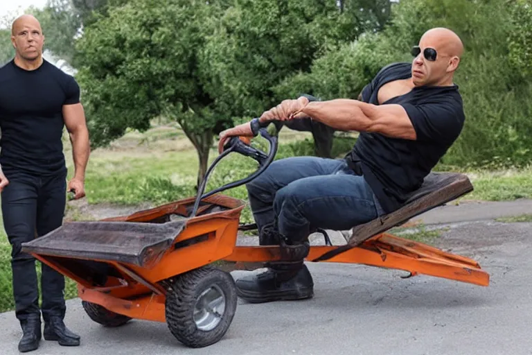 Image similar to Vin Diesel driving a wheelbarrow