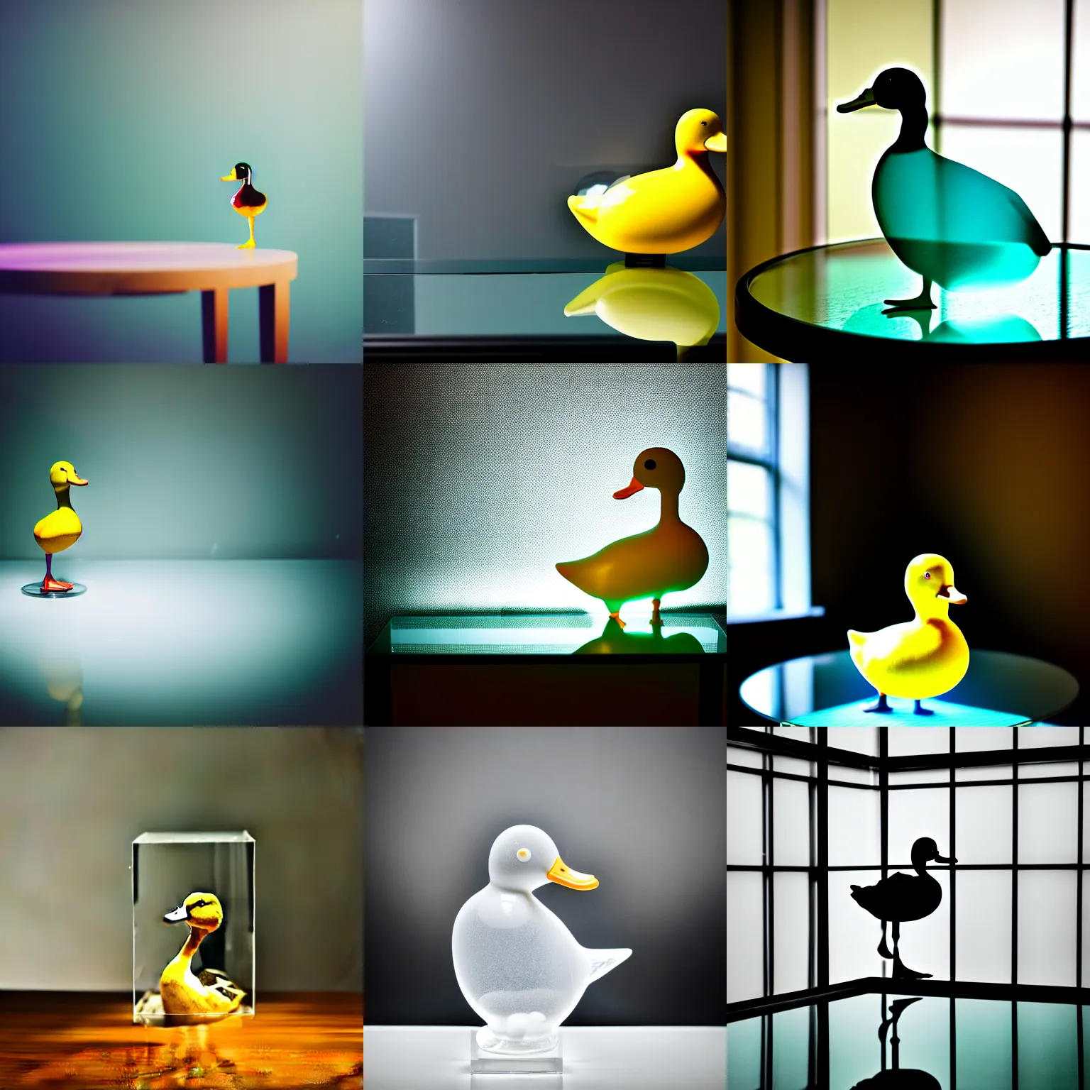 Prompt: a photo of a [ gallery room ] with a [ transparent ] duck made of glass on a table [ you can see the background through the duck ], professional photography, sony alpha