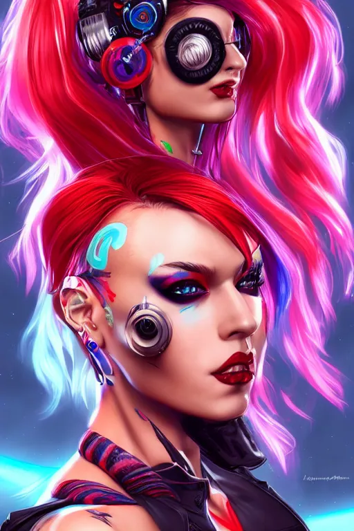 Prompt: beautiful portrait of a cyberpunk woman with red punk hair painted by artgerm and lisa frank, trending on artstation