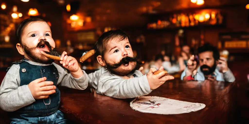 Image similar to Weird baby with a beard and mustache smoking a big cigar in a bar, (EOS 5DS R, ISO100, f/8, 1/125, 84mm, postprocessed, crisp face, facial features)