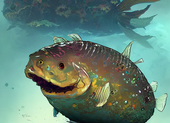 Prompt: dramatic art - portrait of a armored cavefish fish from terraria, exotic fish, by wlop, james jean, victo ngai! muted colors, very detailed, art fantasy by craig mullins, thomas kinkade