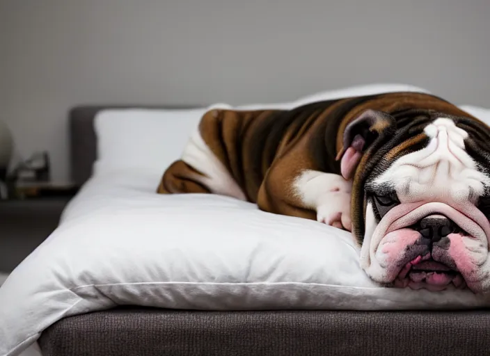 Image similar to a closeup, 4 5 mm, portrait of a sleeping english bulldog in a bed, on a pillow, candle light, 4 5 mm, by franz lanting