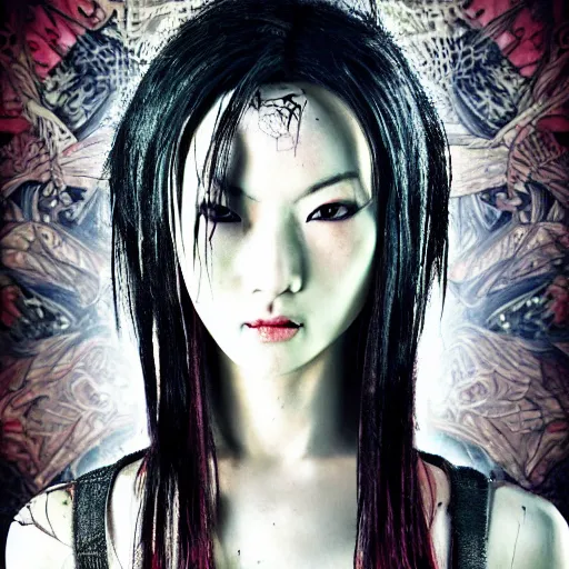 Image similar to japanese gothic model with maximalist hair style and kanji tattoos, style of trinity from the matrix, dark colors, fashion model, portrait shot, depth of field, 8 k, hyper detailed, intricate, trending on artstation