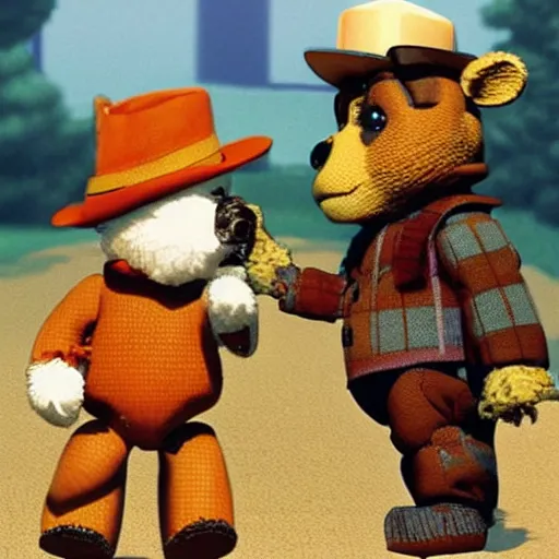 Prompt: “ freddy fazbear and paddington meet in londom in 1 9 8 7. ”