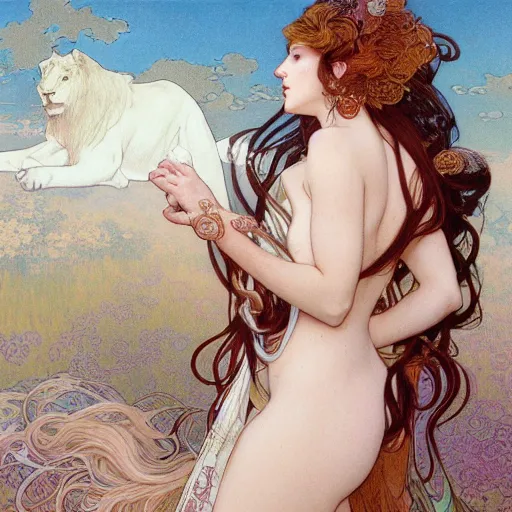 Prompt: aesthetic portrait commission of an albino woman looking of to the side with a lion's mane wearing a pastel Greek jeweled outfit in the clouds, minimalistic art, hyperdetailed detailed, by Alphonse Mucha, Ayami Kojima, Amano, Charlie Bowater, Karol Bak, Greg Hildebrandt, Jean Delville, Pablo Picasso and Mark Brooks, Art Nouveau, Neo-Gothic, gothic, iridescent deep colors award winning painting